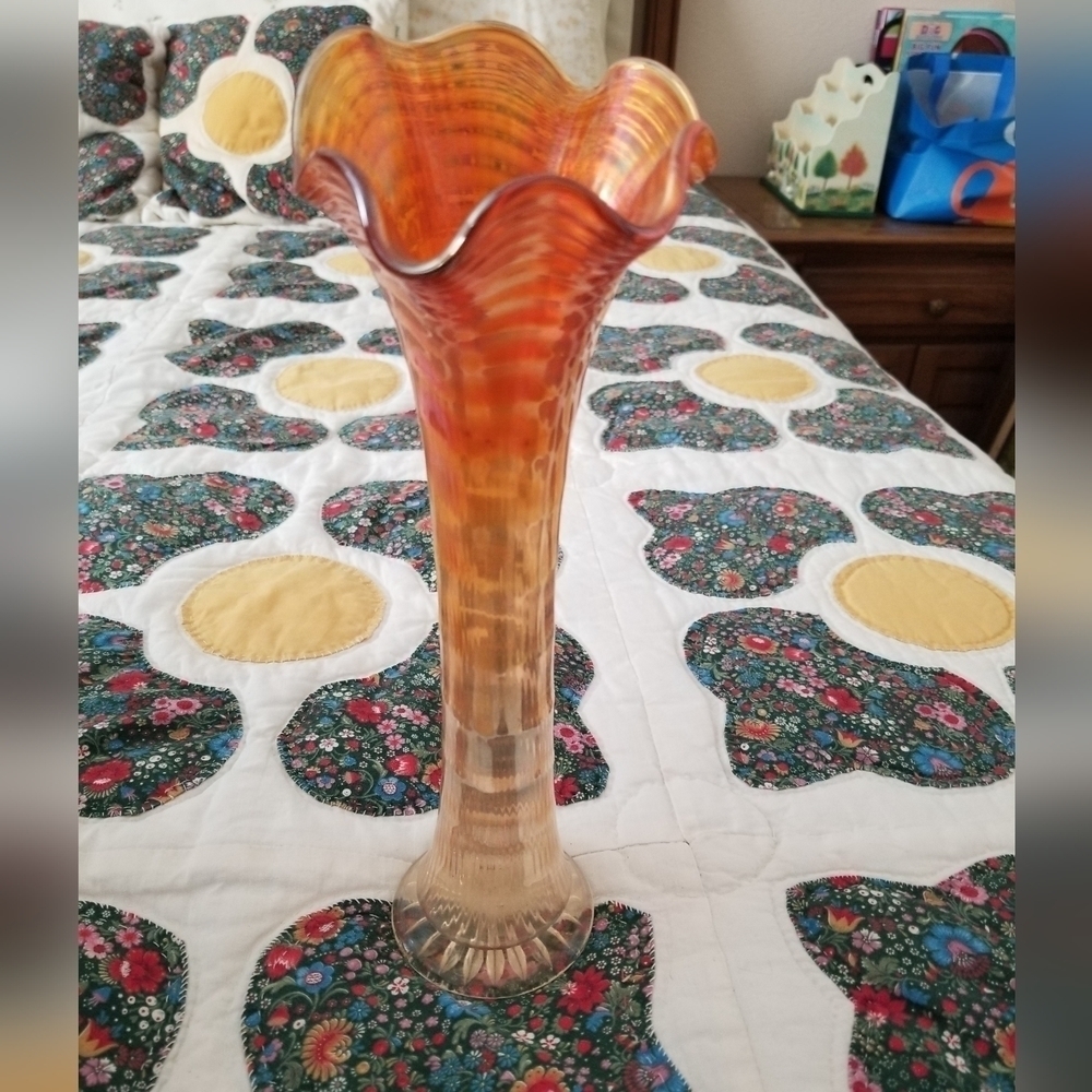 Vintage Imperal Ripple Carnival Glass Swung Vase 10.5"